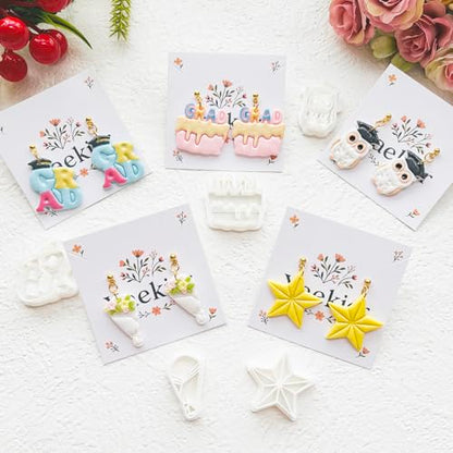 Graduation Polymer Clay Cutters Set - 9pcs Sharp & Durable Class of 2026, Grad, Owl, Cap, Gown, Cake & Star Shapes for DIY Earring Jewelry Making, Soft Clay Crafts & Class Party Supplies - color: 2N color