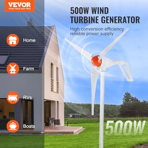 VEVOR 500W Wind Turbine Generator, 12V Wind Turbine Kit with MPPT Controller, 3-Blade Wind Power Generator with Adjustable Windward Direction, 2.5m/s Start Wind Speed for RVs, Boats, Home, Farm - style: 12V 500W 3-Blade