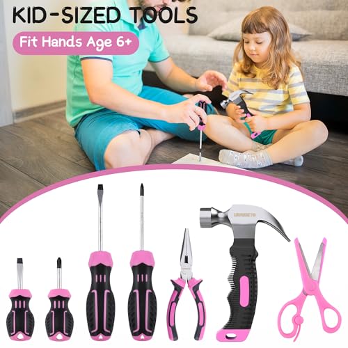 URASISTO 22-Piece Kids Tool Set with Storage Bag, Pink Junior Real Hand Tool Kit for Boys & Girls, Age 8+