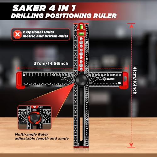 Saker 4-in-1 Drilling Positioning Ruler, Adjustable 13.78in Multifunctional T Square Ruler, Cabinet Hardware Jig, Marking Gauge Tools for Woodworking, Cabinet Drawer Door Hole Drilling Template - size: 13.78inch