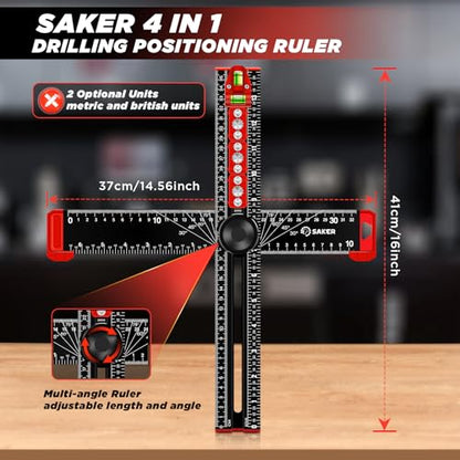 Saker 4-in-1 Drilling Positioning Ruler, Adjustable 13.78in Multifunctional T Square Ruler, Cabinet Hardware Jig, Marking Gauge Tools for Woodworking, Cabinet Drawer Door Hole Drilling Template - size: 13.78inch