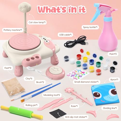 Pottery Wheel for Kids with Foot Pedal, Air Dry Clay Craft Kit Ages 6+ - color: Pink C
