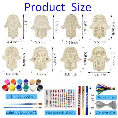 JEKEJIAJIU 24 Sets Hamsa Hand Wind Chime Kit for Kids Make You Own Hamsa Hand Craft DIY Coloring Wooden Hamsa Hand Art and Craft for Kids Gifts School Home and Party Supplies