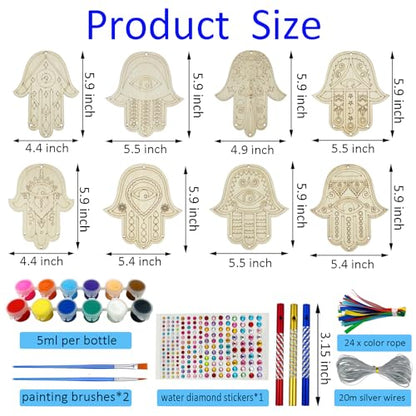 JEKEJIAJIU 24 Sets Hamsa Hand Wind Chime Kit for Kids Make You Own Hamsa Hand Craft DIY Coloring Wooden Hamsa Hand Art and Craft for Kids Gifts School Home and Party Supplies