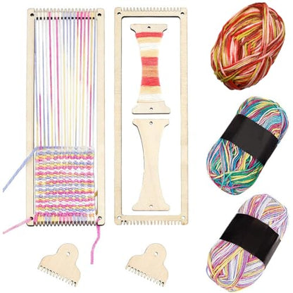 AHANDMAKER 2 Sets Weaving Loom Kit Weaving Frame Set with Yarns,Rods,Combs,Shuttles 2.6 x 8 Inch Wood Bookmark Knitting Loom for Adults Weaving Lovers, Contains Enough Weaving Yarn