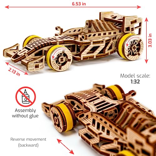 WOODEN.CITY Bolid 3D Wooden Puzzles for Adults – Build Your Own Racing car with Rubber‑Band Motor – Self‑Assembly Model, DIY Gift – Laser‑Cut Wooden 3D Model for Display and Home Décor