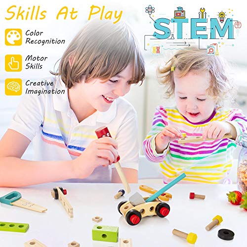 WOODMAM Wooden Kids Tool Set, 37Pcs Learning Construction Toy with Tool Box, Montessori Educational Building Toys Gift for 3+ Years Old Boys Girls - style: Standard