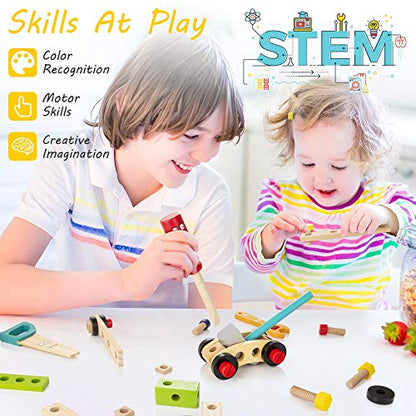 WOODMAM Wooden Kids Tool Set, 37Pcs Learning Construction Toy with Tool Box, Montessori Educational Building Toys Gift for 3+ Years Old Boys Girls - style: Standard