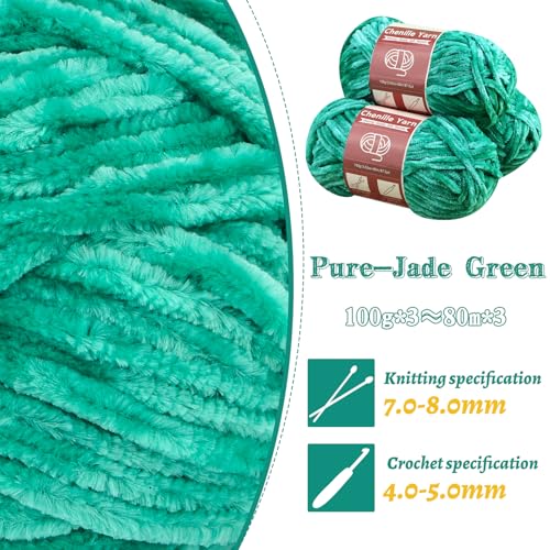 LUNARM Chenille Yarn 3 Pack 3.5oz Chunky Blanket Velvet Yarn 263 Yard - color: Jade Green