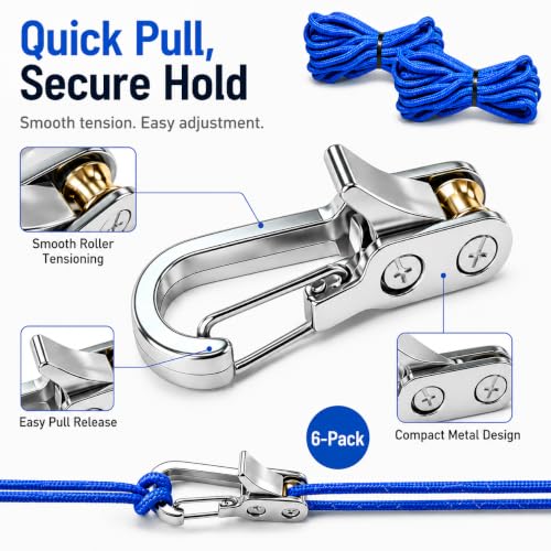 6-Pack Paracord Adjusters,Rope Tightening Tool & Tensioner,Rope with Roller Tensioner Heavy-Duty Tie Down for Camping, Tarps, Guy Lines, Boating & Outdoor Gear