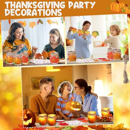 113 Pcs 24 Sets Thanksgiving Craft Kits DIY Plastic Mason Jar Maple Leaf Table Centerpieces Thanksgiving Fall Table Decor Autumn Classroom Activities with Stickers Rope Glue Raffia Grass - style: Maple Leaf