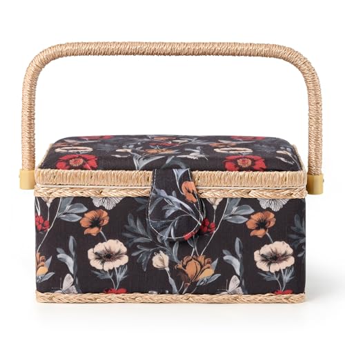 NOTIONSLAND Sewing Basket with Sewing Supplies, Medium Sewing Box for Accessories Storage, Black Red Flower - color: BLACK RED FLOWER
