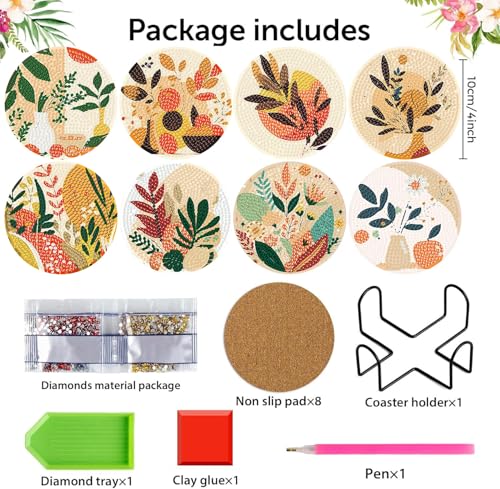 Diamond Art Coasters Kit,8 Pcs Abstract Plant Diamond Painting Coasters Kit - color: Abstract Plants