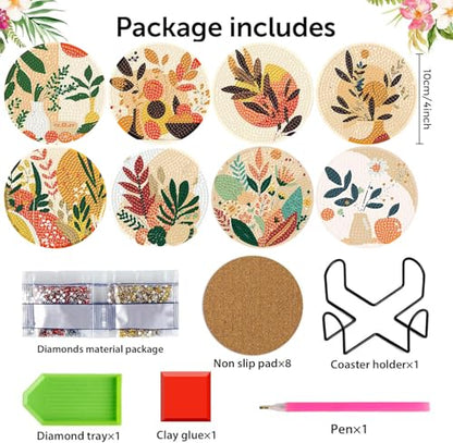 Diamond Art Coasters Kit,8 Pcs Abstract Plant Diamond Painting Coasters Kit - color: Abstract Plants