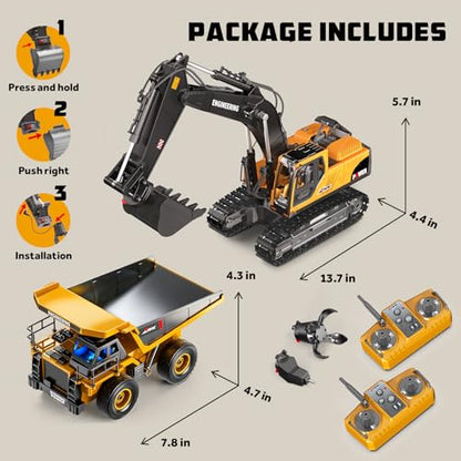 Remote Control Excavator and Dump Truck Toy Set for Kids, 2.4GHz RC Construction Vehicles with Light, Sound Effects, Metal Bucket, Claw and Drill Attachments, Engineering Truck Toys for Boys and Girls