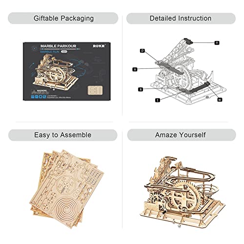 ROKR 3D Wooden Puzzles Marble Run Set - Mechanical Model Kit for Adults DIY Roller Coaster Toys Gifts for Adult (Marble Parkour)