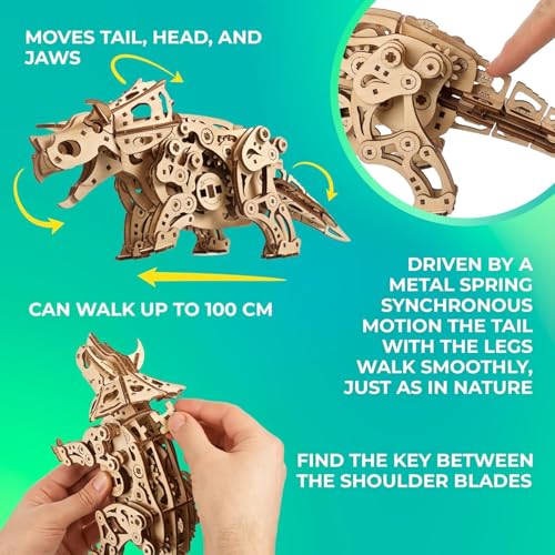UGEARS Triceratops, 3D Puzzle, 5.6-inch Height, Dinosaur Model Kit Dino Wood Puzzle Animal Models for Adult Brain Teaser, Hobby Set - style: Triceratops