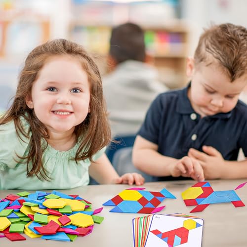 3 otters Wooden Pattern Blocks Shapes for Kids, Geometric Tangram Puzzle with Activity Cards, 150 PCS Educational Toy (Pack of 2) - size: Medium (Pack of 2)