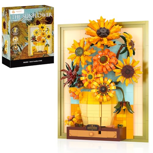 Van Gogh Sunflowers Building Blocks Set with Light, Sunflower Botanical Wall Art Building Toy for Home Office Decor, Christmas Birthday Presents for Lover Women Girls Boys Adults, 1166 PCS - color: Yellow