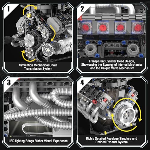 HIGH GODO V8 Engine Kit that Works, Visible Car Engine Model Kit with Motor and Lights, Build Your Own Car Engine Kit with App Control, STEM Project for Teens Adults 14+ (715 Pieces) - style: V8 Engine-D