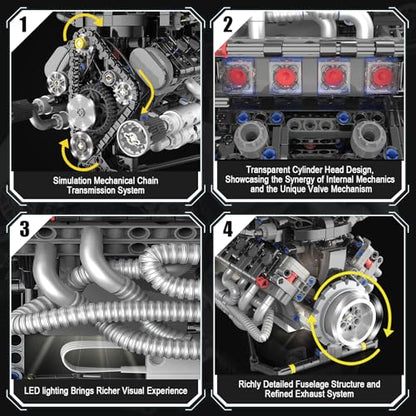 HIGH GODO V8 Engine Kit that Works, Visible Car Engine Model Kit with Motor and Lights, Build Your Own Car Engine Kit with App Control, STEM Project for Teens Adults 14+ (715 Pieces) - style: V8 Engine-D