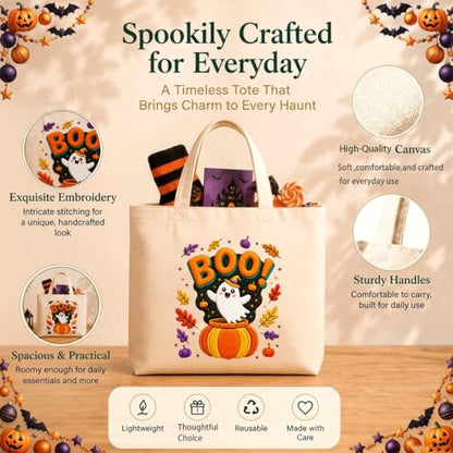 ARTopet Embroidery Tote Bag Kit for Beginners Halloween Canvas Cross Stitch Handbag with Hoops Needles Threads Reusable Grocery Bag for Women-Ghost Pumpkin - color: Ghost Pumpkin