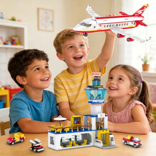 WINGIFT 880 Pcs City Airport Passenger Terminal Building Set, 6 in 1 Airplane Building Blocks Toy, STEM Aircraft Bricks with Shuttle Bus,Luggage Cart,Planes Model Toys Gifts for Boys Girls Ages 6-12+ - color: Red