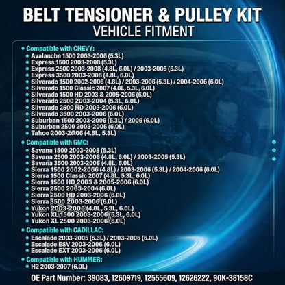 Serpentine Belt Tensioner & Idler Pulley Kit for Cadillac 2003-2006, Chevy Silverado Avalanche Express 2002-2008, GMC Sierra Savana Yukon 2002-2008, OE 39083 12609719 12555609 12626222, 90K-38158C - size: 90K-38158C