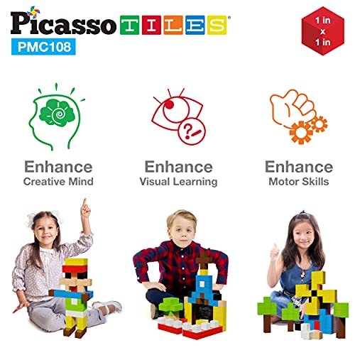 PicassoTiles 102pc Magnetic Puzzle Cube + Toys Carrying Case, 1" Pixel Mix & Match Cubes w/Free Idea Book Sensory Toys, Magnetic Tiles Construction Block Travel Bag, Waterproof Storage Organizer Box