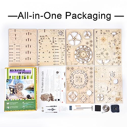 3D Wooden Puzzle Mechanical Clock – Pirate Ship DIY Model Kit for Adults & Teens, Build-Your-Own Wood Craft, Working Clock, Unique Gift & Nautical Home Decor