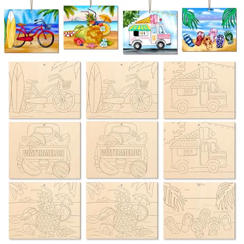 COCHIE 10 Pieces Large Summer Unfinished Wood Crafts to Paint for Adults, Bulk Predrilled Wooden Ornaments for Painting, Beach Pattern Paintable Wood Slices Craft Supplies with Ropes - color: Summer