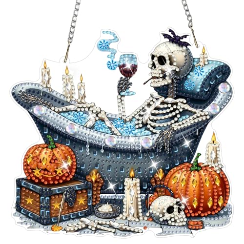 NAIMOER Halloween Diamond Art Hanging Kits for Adults, Skull 5D Special Shaped Rhinestone, DIY Acrylic Diamond Art Painting Window Pendants Home Garden Wall Hanging Ornament Kits, Double Sided - color: Halloween Skull