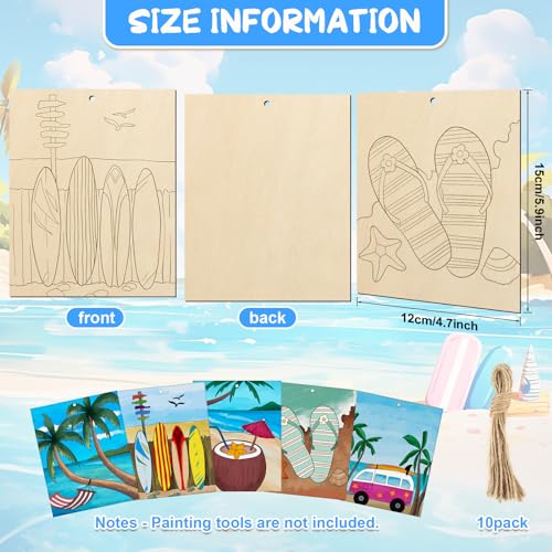 COCHIE 10 Pieces Large Summer Unfinished Wood Crafts to Paint for Adults, Bulk Predrilled Wooden Ornaments for Painting, Beach Paintable Wood Slices Craft Supplies with Ropes - color: Beach