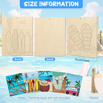 COCHIE 10 Pieces Large Summer Unfinished Wood Crafts to Paint for Adults, Bulk Predrilled Wooden Ornaments for Painting, Beach Paintable Wood Slices Craft Supplies with Ropes - color: Beach