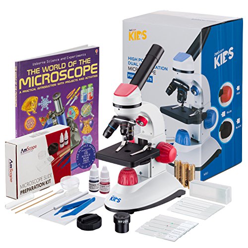 AmScope M50C-R14-WM 1000X Dual Illumination Microscope (Red) with Slide