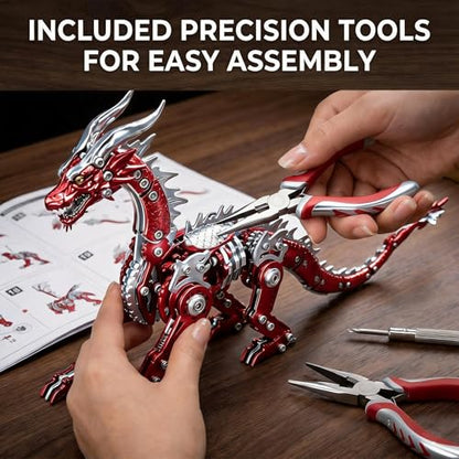 3D Model Kits for Adults,Metal Dragon Puzzle Building Set,Collectible Mechanical Engineering Crafts for Home Office Decoration & Gift（Red）