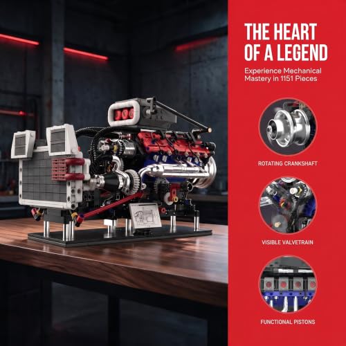 V8 Engine Model Kit, 1151 Pieces, Hand Crank, Transparent Case