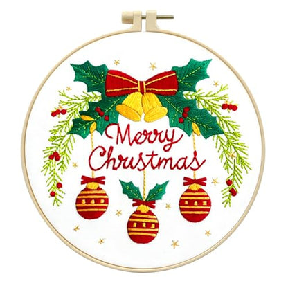 Zhenqing Merry Christmas Embroidery Kit for Beginners, Red Bells and Ornaments Craft Set with 20cm Hoop, Printed Design on 29x29cm Cotton Fabric, DIY Holiday Wall Art (C0036) - style: Christmas Bells