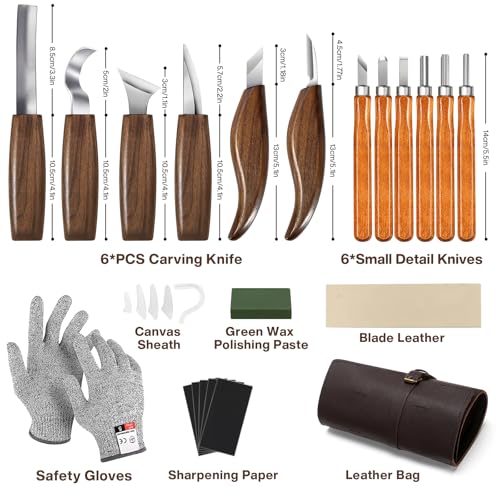 17Pcs DIY Wood Carving Tools, 6 Whittling Knives, 5 Detail Carving Knives - color: Dark Brown