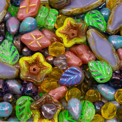 1.4oz (40g) Limited Mix of Czech Glass Beads, Hand Made Set Kit, Purple Spindl Yellow Petunia Glass Beads Mix 001 - color: LMIX 001