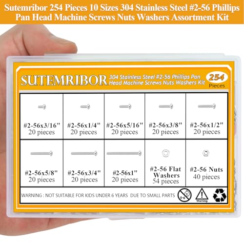 254 Pieces #2-56 x 3/16", 1/4", 5/16", 3/8", 1/2", 5/8", 3/4", 1", Phillips Pan Head Machine Screws Nuts Washers Assortment Kit - size: #2-56, style: Phillips Pan Head