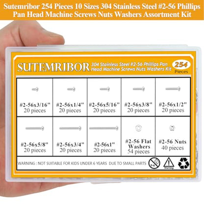 254 Pieces #2-56 x 3/16", 1/4", 5/16", 3/8", 1/2", 5/8", 3/4", 1", Phillips Pan Head Machine Screws Nuts Washers Assortment Kit - size: #2-56, style: Phillips Pan Head
