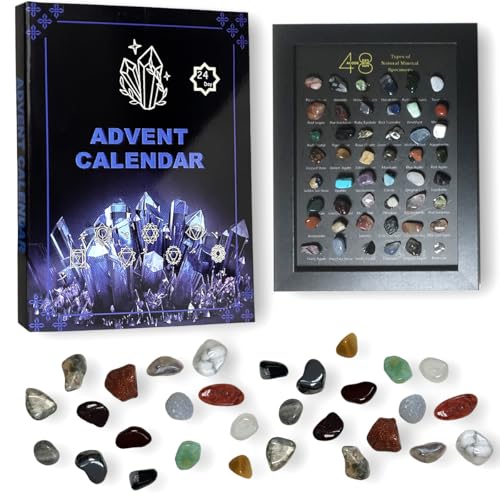 Men & Adults Crystal Advent Calendar With Wood Collection Frame 2025, 24 Days Gemstones & Minerals Countdown Advent Calendar Xmas Natural Rocks Gem Stones Theme