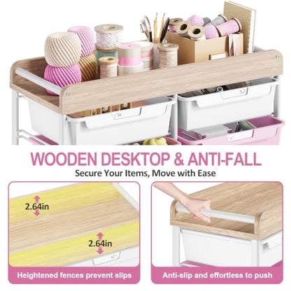 10 Drawers Rolling Cart with Wooden Tabletop, Utility Storage Cart with Wheels, Art Supply Craft Organizer on Wheel with Metal Frame & Handles for Home Office School,Pink - color: Pink