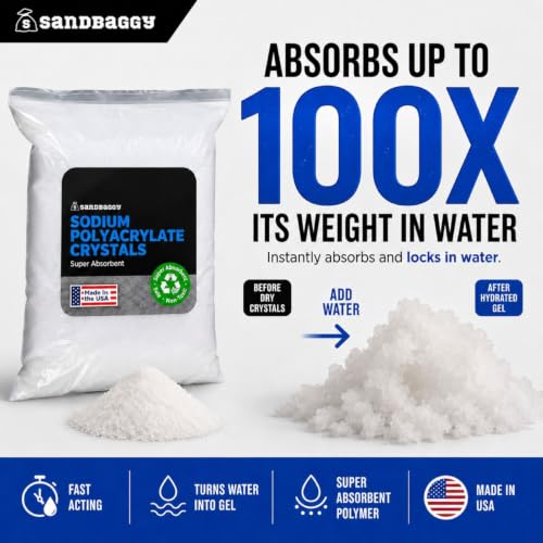 Sandbaggy Sodium Polyacrylate Crystals - Super Absorbent Polymers - Plant Hydration, Fake Snow, Ice Packs, Spill Cleanup, Skincare - Non Toxic, Made in The USA [CAS 9003-04-7] (180 lb - 2880 oz) - size: 180 lb (2880 oz)