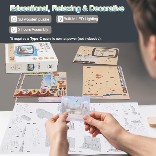 Shuttle to New York 3D Wooden Puzzle with LED Lights, DIY Model Craft Kit for Adults & Kids, Creative Building Set and Unique Home Decor Gift - style: Shuttle to New York