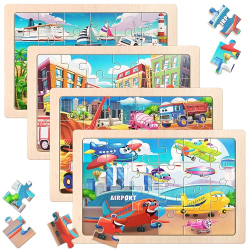 4 Pack Wooden Animal Jigsaw Puzzles for Kids Age 3+ Puzzles Gift - color: Vehicles