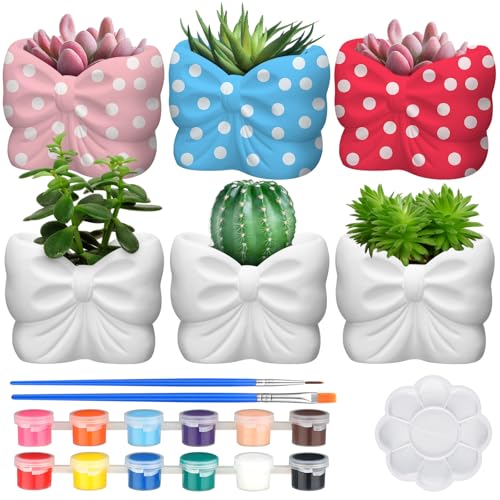 Beeveer 6 Sets Paint Your Own Coquette Bow Succulent Planter Ceramic Blank Unpainted Flower Pots DIY Paintable Porcelain Vase Kit for Kids Christmas Classroom Craft Project Activity Supplies - style: Coquette Bow