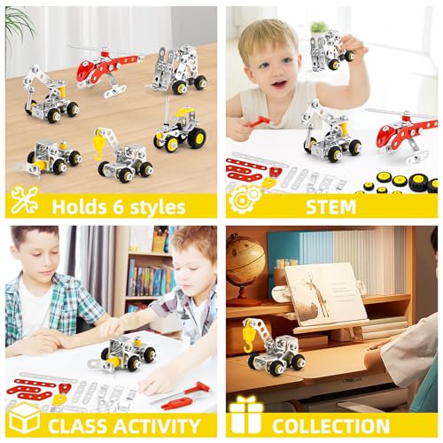 BESTYMXY Stem Building Toys, Metal Construction Vehicles & Helicopter Model kit 6 Models, 272 PCS Building Sets for Boys Age 8-12, Learning Toy Metal Models
