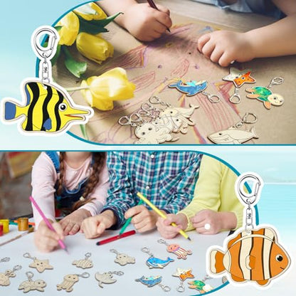 Trnayi 36 Pcs Sea Life Unfinished Wood Keychain Color Your Own DIY Craft - style: Sea Life